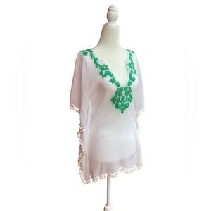 Letarte White and Green Gauze Cotton Pom Pom Swim or Beach cover up